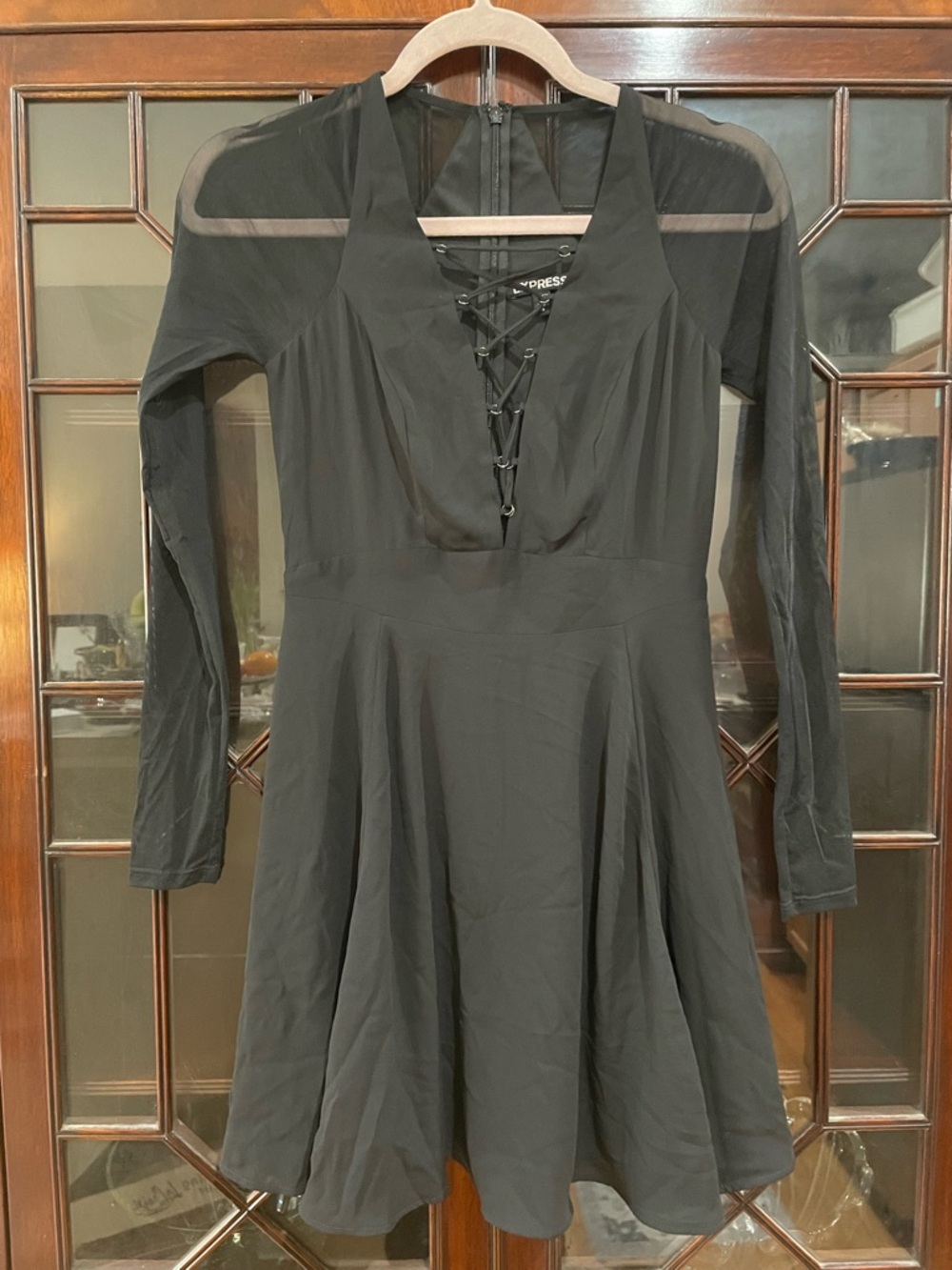 Express Black Lace-Up Fit-and-Flare Long Sleeve Dress